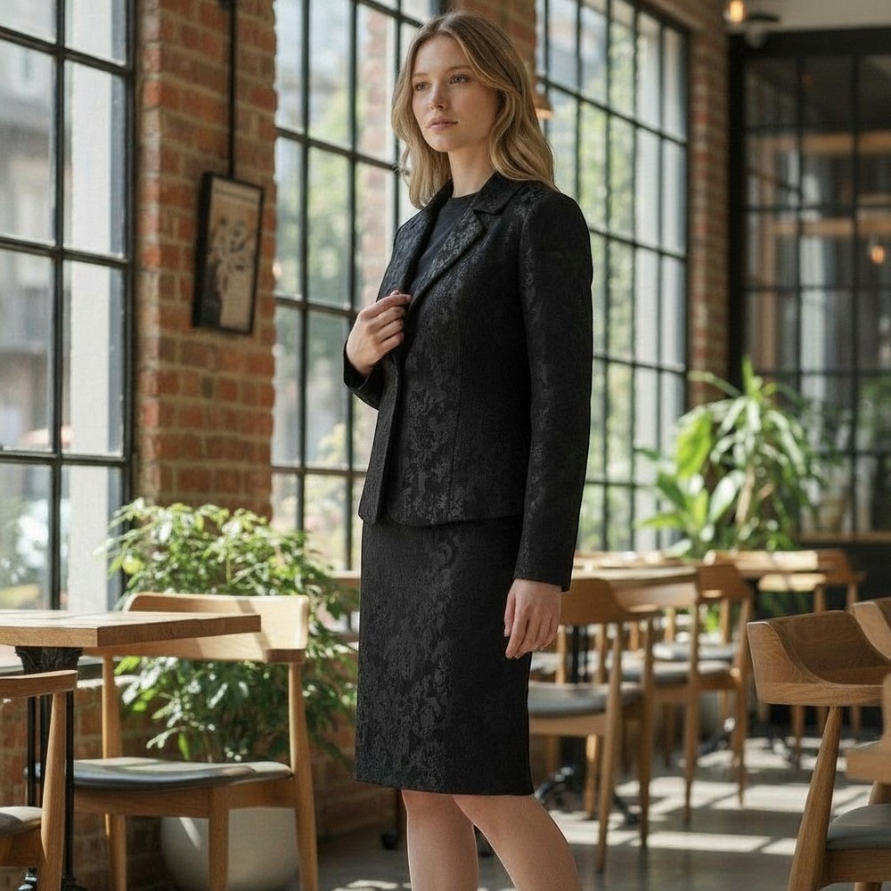Studio Liz Claiborne Black Lace Overlay Suit Set Blazer and Pencil Skirt Size 10
